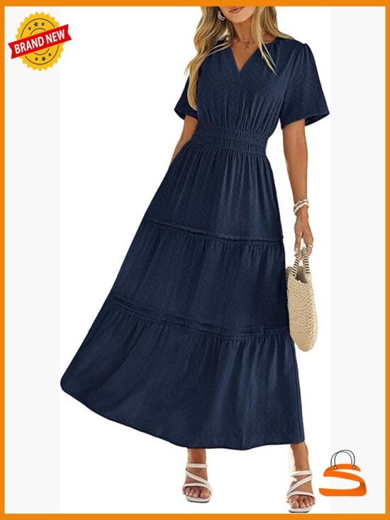 Dresses & Skirts - Summer Maxi Dress V-Neck Short Sleeve Elastic Waist Flowy Beach Long Dresses